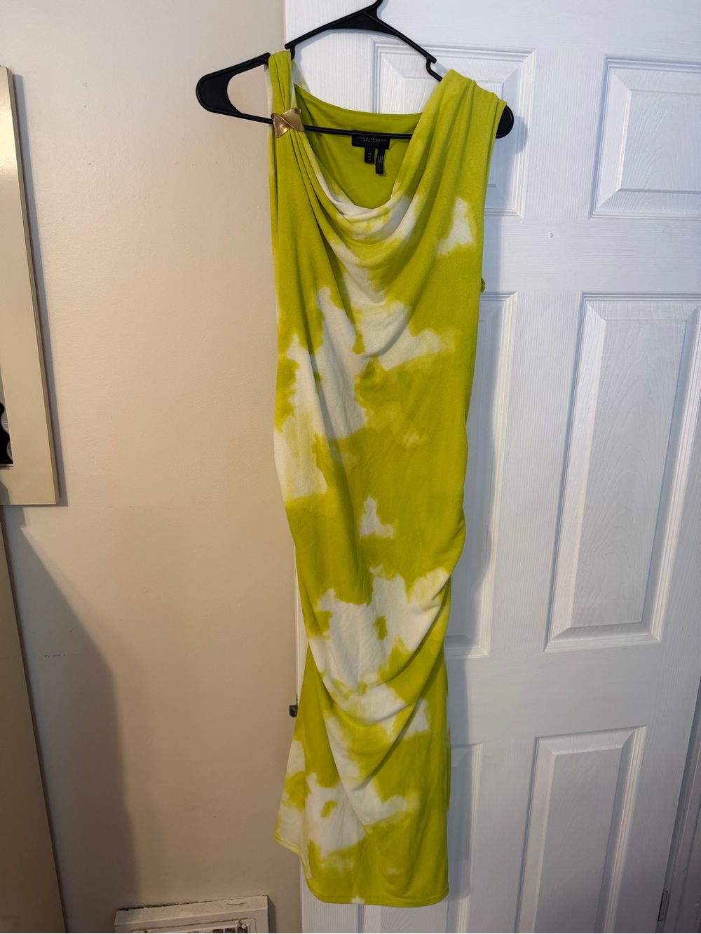 Donna Karan One-Shoulder Cowl Dress in Lime & White